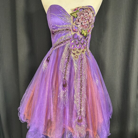 Embellished Formal Party Dress RARE  Sequin Flower Peacock Fairy Boho M - Picture 1 of 9